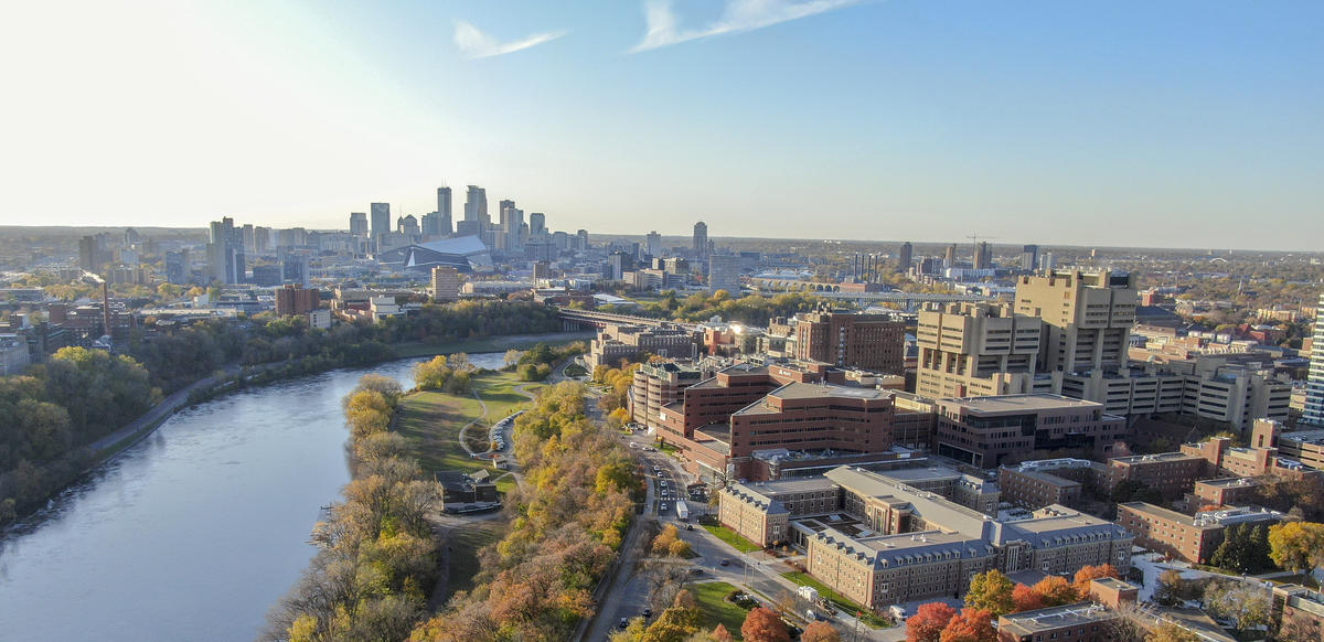 An aerial image of the U of M campus and the Mississippi river. 