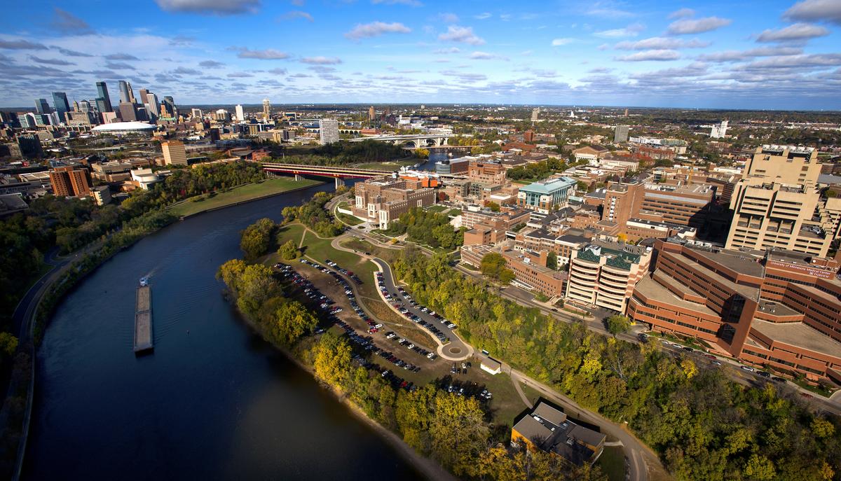 Aerial view of University of Minnesota campus and Mississippi river.