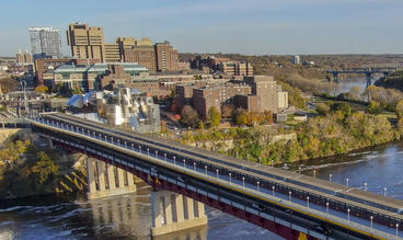 Aerial view of the University of Minnesota's East Bank campus and Washington Avenue Bridge.